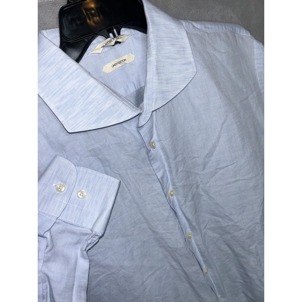 SuitSupply Mens Cotton Linen Tessitura Monti Blue Button Shirt 46 18 EXTRA SLIM